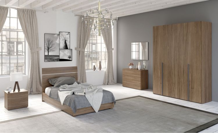 Mia cameretta noce biondo, letto piazza e mezza senza contenitore-Armadio 4 ante-Legno scuro-Nobilitato