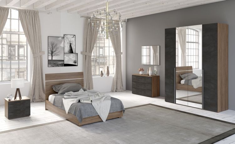 Mia cameretta noce biondo/ ossido, letto una piazza e mezza senza contenitore-Armadio 4 ante con specchi-Legno scuro-Nobilitato