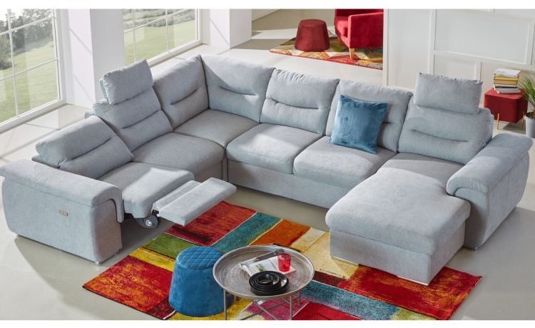 Vanity divano doppio angolo in tessuto grigio-Panchetta relax estraibile e seduta relax elettrico-Grigio-Tessuto-248 x 120 cm