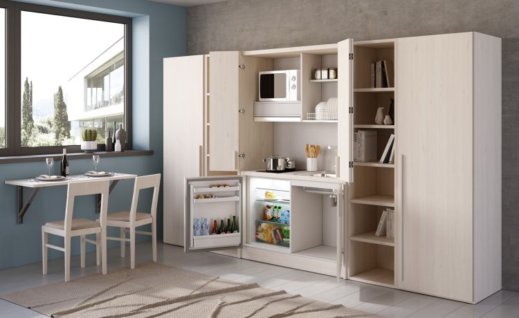 Cabrio cucina a scomparsa betulla con frigo, 2 librerie e 2 armadi