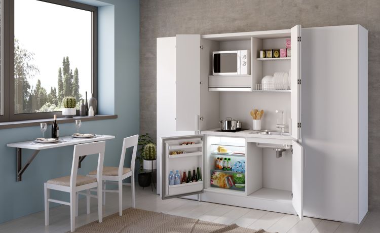  Cabrio cucina a scomparsa bianca con frigo con 2 armadi