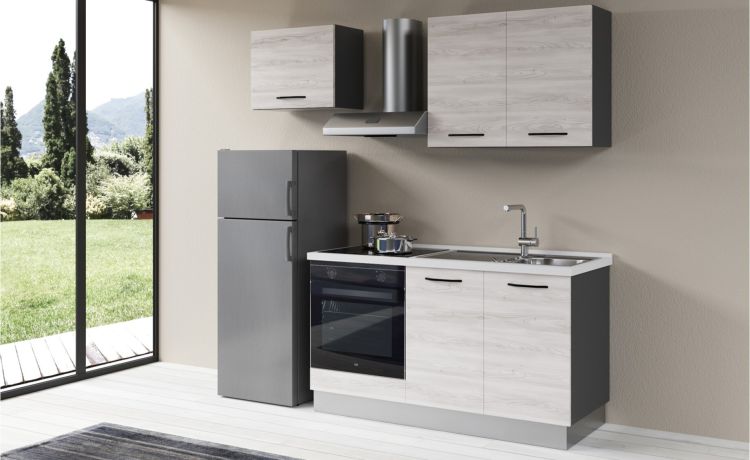 Gilda 2.0 cucina 210 cm colore frassino ghiaccio-3 elettrodomestici, frigo da 230 lt--Pannello-216 cmx210 cm