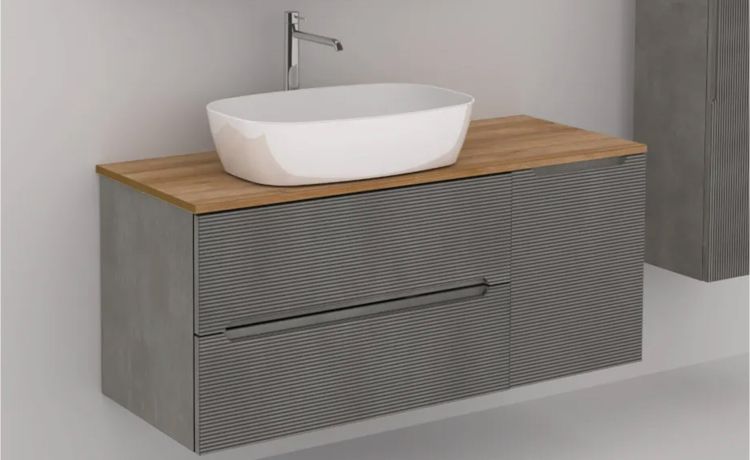Beauty base sospesa color cemento-2 cassetti e 1 anta compreso di lavabo-Cemento-Melaminico-50 cmx120 cm