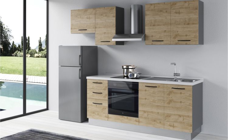 Gilda 2.0 cucina 255 cm colore rovere cadiz -3 elettrodomestici, Piano Cottura a INDUZIONE--Pannello-216 cmx255 cm