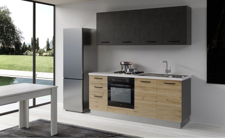 Gilda cucina 195 cm colore rovere cadiz e cemento scuro -2 elettrodomestici-Legno naturale-Pannello