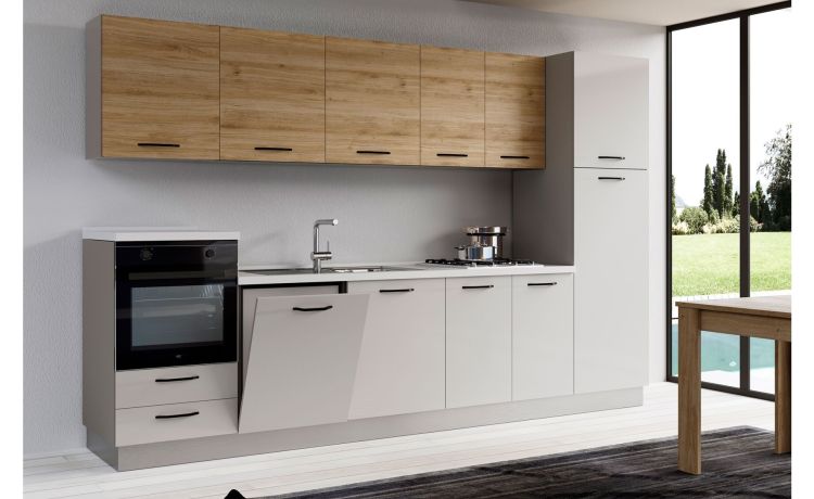 Gilda cucina 330 cm colore light grey e rovere cadiz -4 elettrodomestici, frigo da 230 lt-Grigio chiaro-Pannello