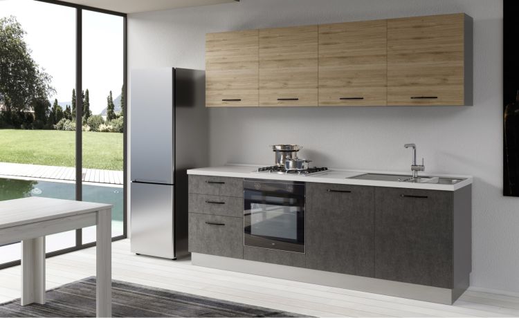 Gilda cucina 240 cm colore cemento scuro e rovere cadiz-2 elettrodomestici-Legno naturale-Pannello