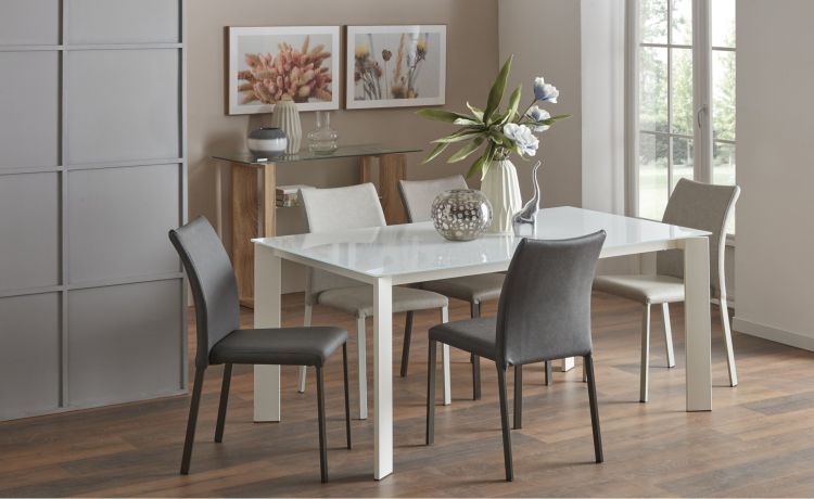 Haiti tavolo allungabile bianco e bianco cemento-Con piano in vetro verniciato-Bianco-Vetro-77 cmx160 cm