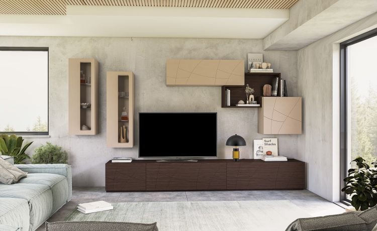 Tratto parete soggiorno noce brown/frassino creta-Larghezza 353
