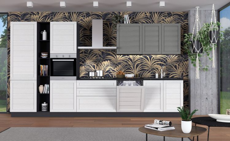 Beverly cucina 390 cm colore bianco e grigio fumo-5 elettrodomestici-Bianco-Legno-216 cmx390 cm