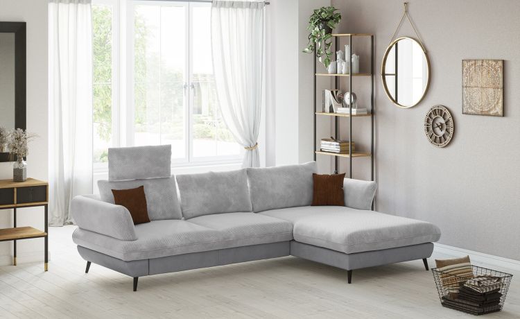 Fidenza divano con penisola color grigio-Con panchetta estraibile e contenitore-Grigio-Tessuto-75 cmx280 cm
