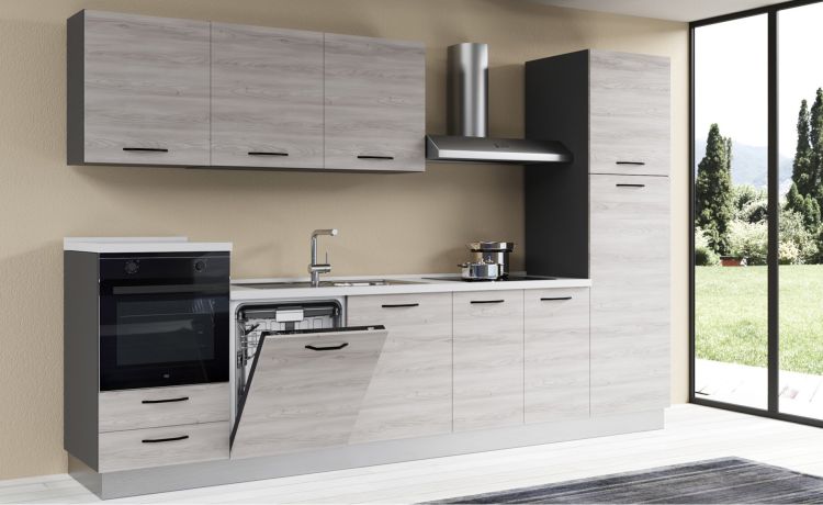 Gilda 2.0 cucina 330 cm colore frassino ghiaccio -4 elettrodomestici, Piano Cottura a INDUZIONE--Pannello-216 cmx330 cm