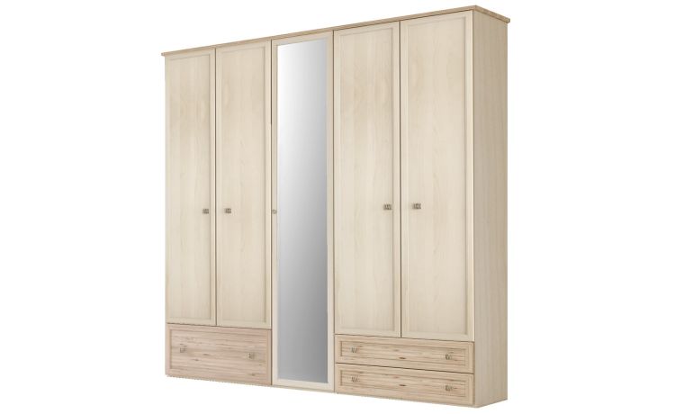 Susy armadio 5 ante battenti cassettone a sinistra con specchio-In pannello ecologico certificato-Legno naturale-Pannello ecologico-241 cmx216 cm