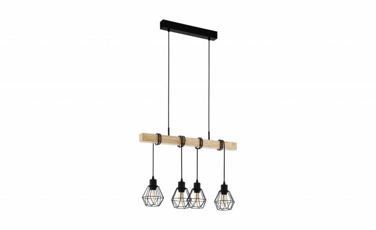 Townshend sospensione 4 luci in legno e metallo- -Nero-Legno-110 cmx70 cm