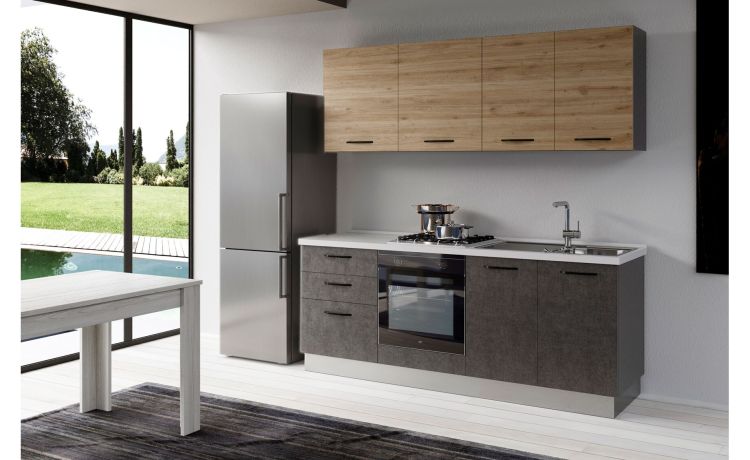 Gilda cucina 270 cm colore portland e rovere cadiz -3 elettrodomestici, frigo da 320 lt-Pietra scura-Pannello