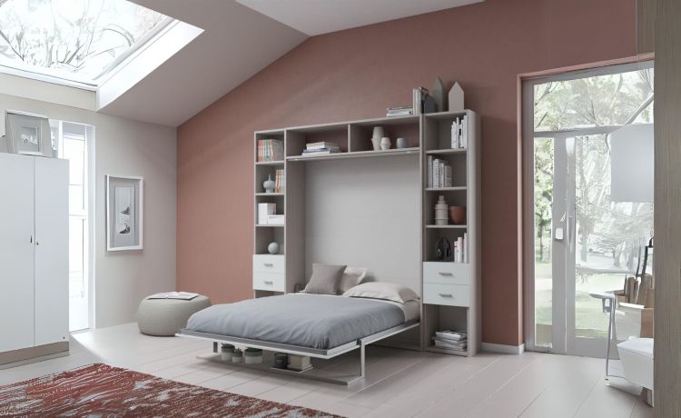 Cabrio letto a scomparsa colore tiglio e grigio light con mensola-L272xH242-Legno scuro-Pannello-Matrimoniale