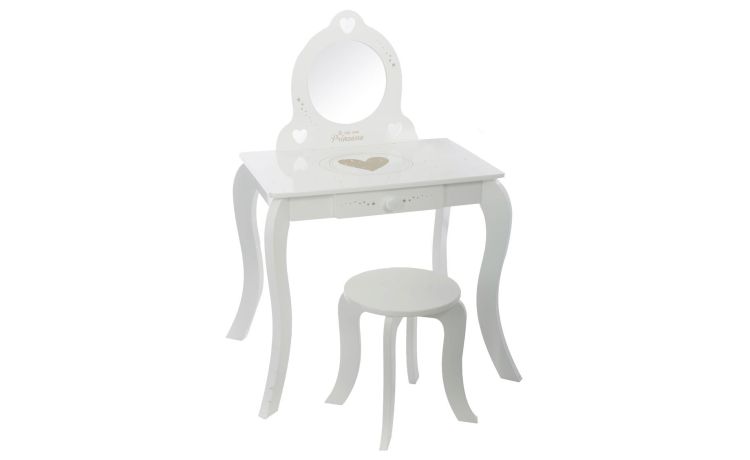 Dressing tavolo cameretta con specchio e sgabello- -Bianco-Legno-91 cmx71