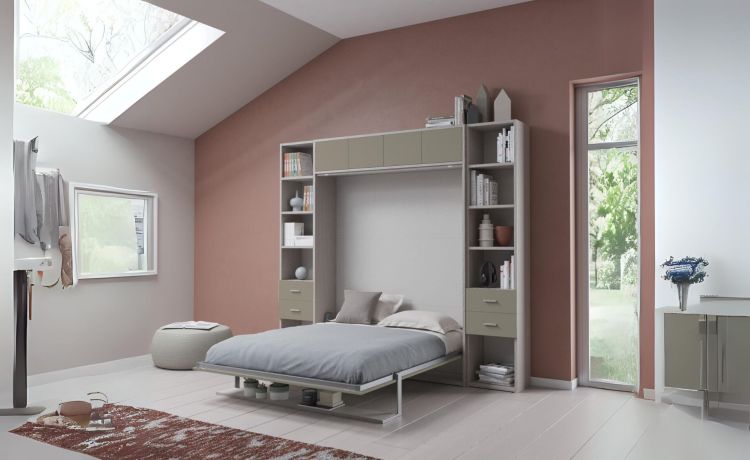 Cabrio letto a scomparsa e mensola e ante colore tiglio e tortora-L272xH242
-Grigio scuro-Pannello-Matrimoniale
