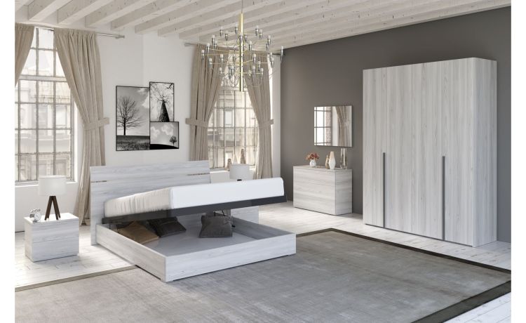 Mia camera matrimoniale frassino ghiaccio, letto con contenitore-Armadio 4 ante-Legno bianco-Nobilitato