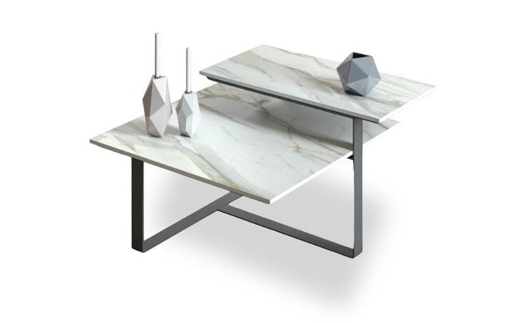 Apple tavolino Dallia in gres porcellanato bianco oro lucido--Bianco-Metallo-38 cmx65 cm
