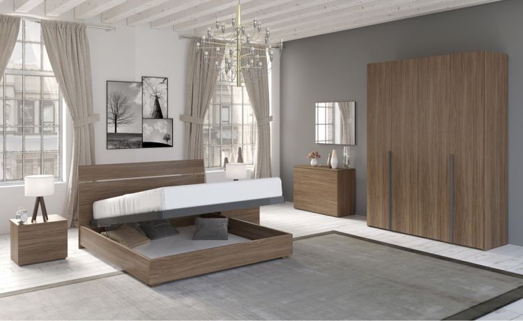 Mia camera matrimoniale  noce biondo, letto con contenitore-Armadio 4 ante-Legno scuro-Nobilitato