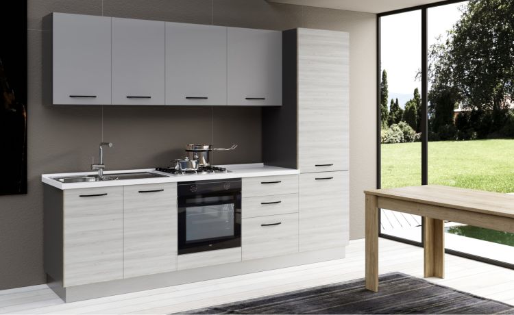 Gilda cucina 270 cm colore frassino ghiaccio e light grey-3 elettrodomestici, frigo da 320 lt-Grigio chiaro-Pannello