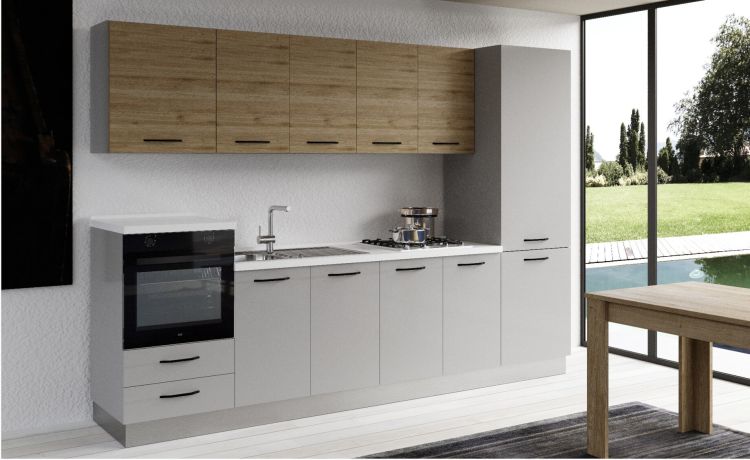 Gilda cucina 300 cm colore light grey e rovere cadiz -3 elettrodomestici, frigo da 320 lt-Grigio chiaro-Pannello