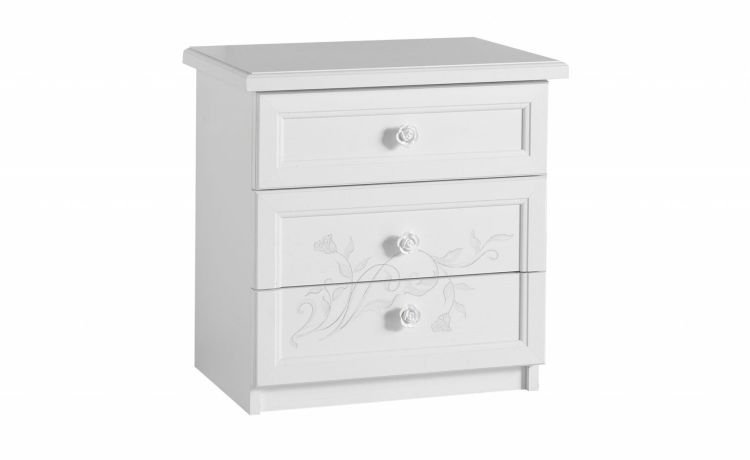 Lucrezia comodino 3 cassetti bianco con serigrafia-In pannello ecologico certificato-Bianco-Pannello ecologico-58 cmx56 cm