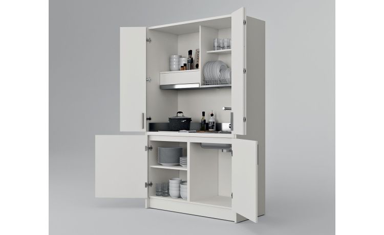 Cabrio cucina a scomparsa bianca-Monoblocco con piano cottura a induzione e cappa - misura L.125 x P.62 x H.208 cm-Bianco-Pannello ecologico-208 cmx125 cm