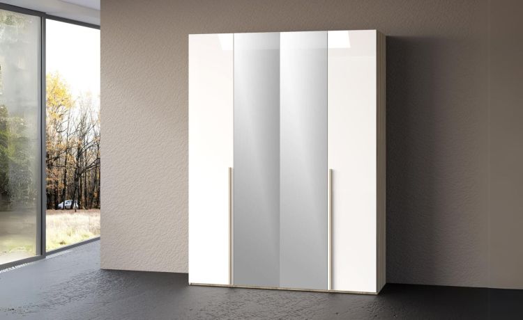 Mia armadio 4 ante battenti olmo delicato/bianco con specchi -In pannello nobilitato decorativo -Legno naturale-Nobilitato-238 cmx161 cm