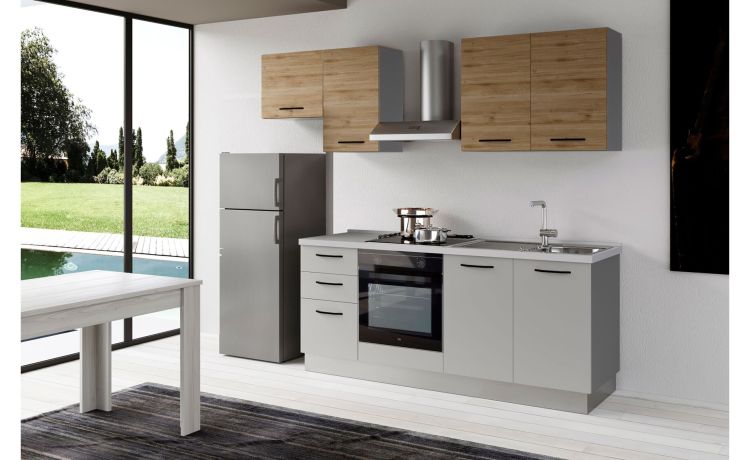 Gilda 2.0 cucina 255 cm colore light grey e rovere cadiz -3 elettrodomestici, Piano Cottura a INDUZIONE-Grigio chiaro-Pannello