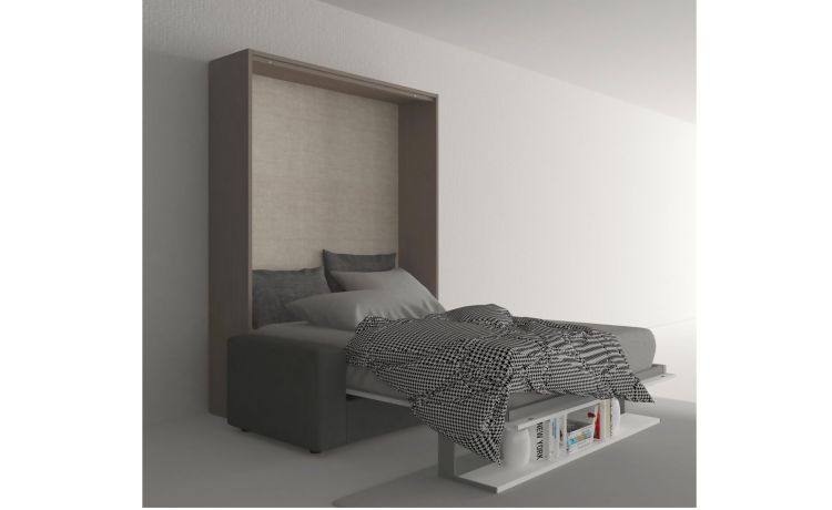 Cabrio letto a scomparsa con divano e mensola colore tiglio e bianco opaco-L206xH208-Bianco-Pannello-Matrimoniale