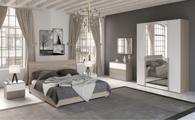 Mia camera matrimoniale olmo delicato/bianco lucido, letto senza contenitore-Armadio 4 ante con specchi-Legno naturale-Nobilitato
