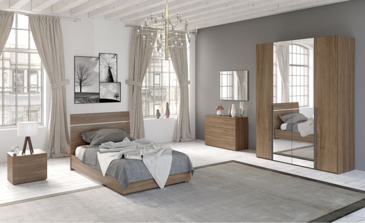 Mia cameretta noce biondo, letto piazza e mezza senza contenitore-Armadio 4 ante con specchi-Legno scuro-Nobilitato