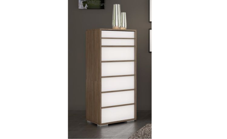 Lorena settimino 6 cassetti noce e bianco lucido-In pannello ecologico certificato-Marrone-Pannello ecologico-120 cmx51 cm