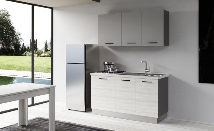 Gilda cucina 150 cm colore frassino ghiaccio e light grey-1 elettrodomestico-Grigio chiaro-Pannello