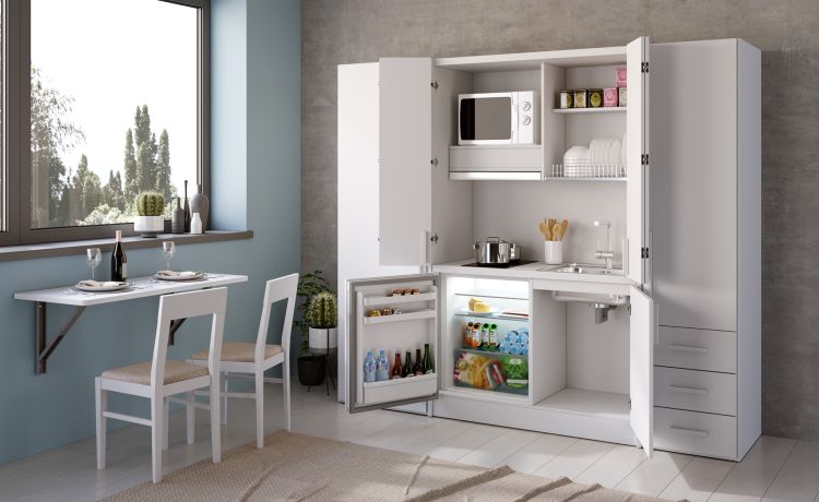  Cabrio cucina a scomparsa bianca con frigo e 2 armadi