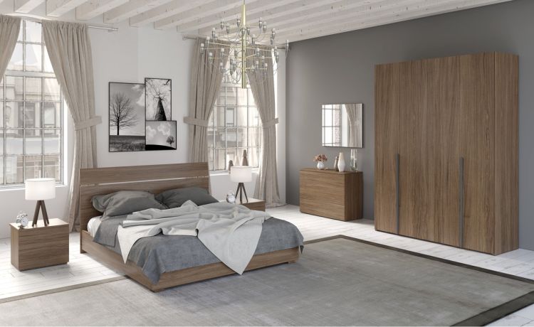 Mia camera matrominiale noce biondo,  letto senza contenitore-Armadio 4 ante-Legno scuro-Nobilitato