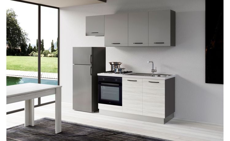 Gilda cucina 210 cm colore frassino ghiaccio e light grey-3 elettrodomestici-Legno bianco-Pannello