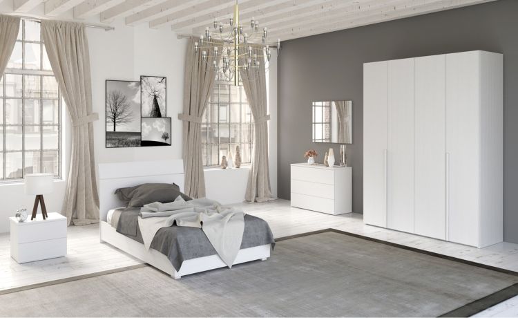 Mia cameretta bianco frassino, letto piazza e mezza senza contenitore-Armadio 4 ante-Bianco-Nobilitato
