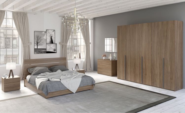 Mia camera matrimoniale noce biondo, letto senza contenitore-Armadio 6 ante-Legno scuro-Nobilitato