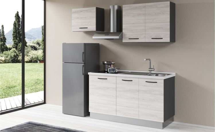Gilda 2.0 cucina 210 cm colore frassino ghiaccio-1 elettrodomestico, Piano Cottura a INDUZIONE, frigo da 230 lt--Pannello-216 cmx210 cm