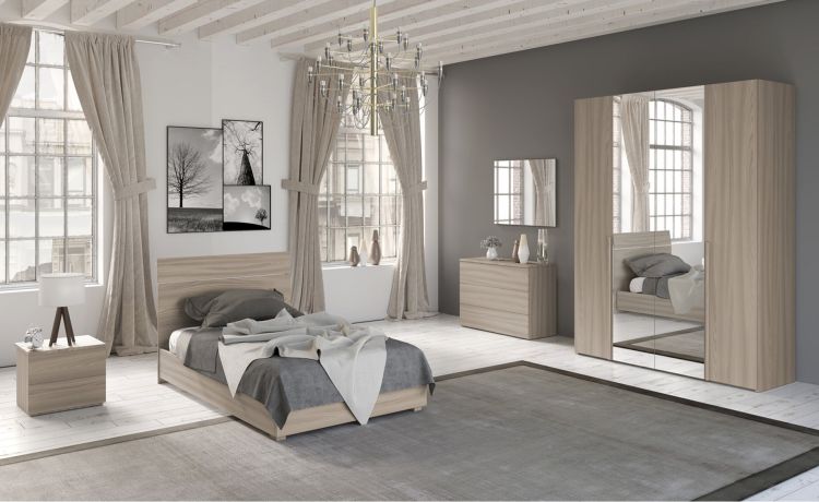Mia cameretta olmo delicato, letto piazza e mezza senza contenitore-Armadio 4 ante con specchi-Legno naturale-Nobilitato