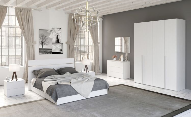 Mia camera matrimoniale bianco frassino, letto senza contenitore-Armadio 4 ante-Grigio chiaro-Nobilitato