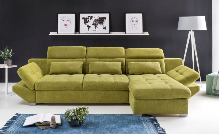 Florida divano con penisola in tessuto verde-Panchetta relax estraibile e contenitore-Verde-Tessuto-222 x 138 cm