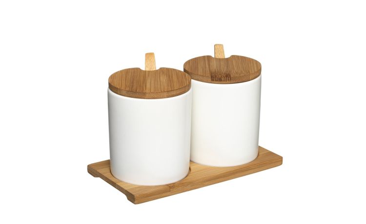 Vinegrette set portaspezie in ceramica e bamboo- -Bianco-Ceramica-11