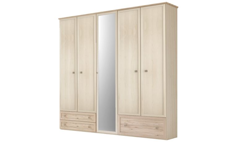 Susy armadio 5 ante battenti cassettone a destra con specchio-In pannello ecologico certificato-Legno naturale-Pannello ecologico-241 cmx216 cm