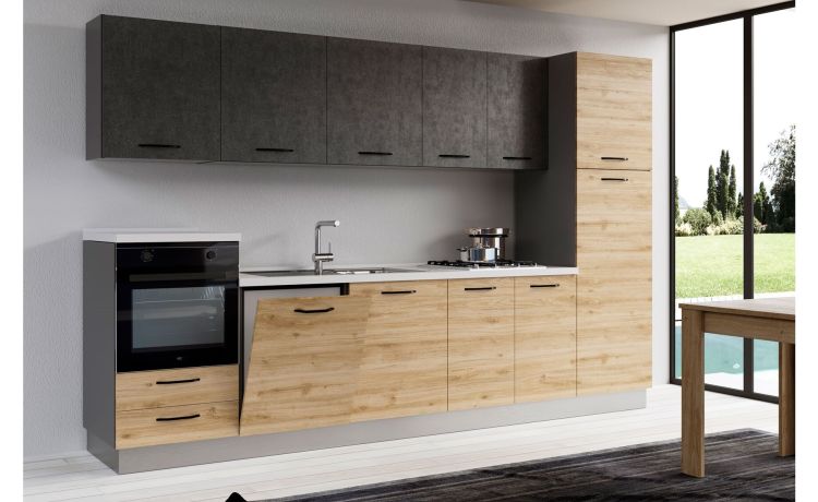Gilda cucina 330 cm colore rovere cadiz e cemento scuro -4 elettrodomestici, frigo da 230 lt-Legno naturale-Pannello