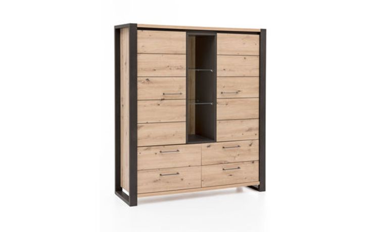 Tenerife madia 2 ante e 4 cassetti artisan con particolari neri-Struttura in pannello melaminico e illuminazione LED inclusa-Legno naturale-Pannello melaminico-156 cmx133 cm