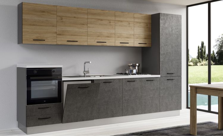 Gilda cucina 330 cm colore cemento scuro e rovere cadiz -4 elettrodomestici, frigo da 320 lt-Pietra scura-Pannello